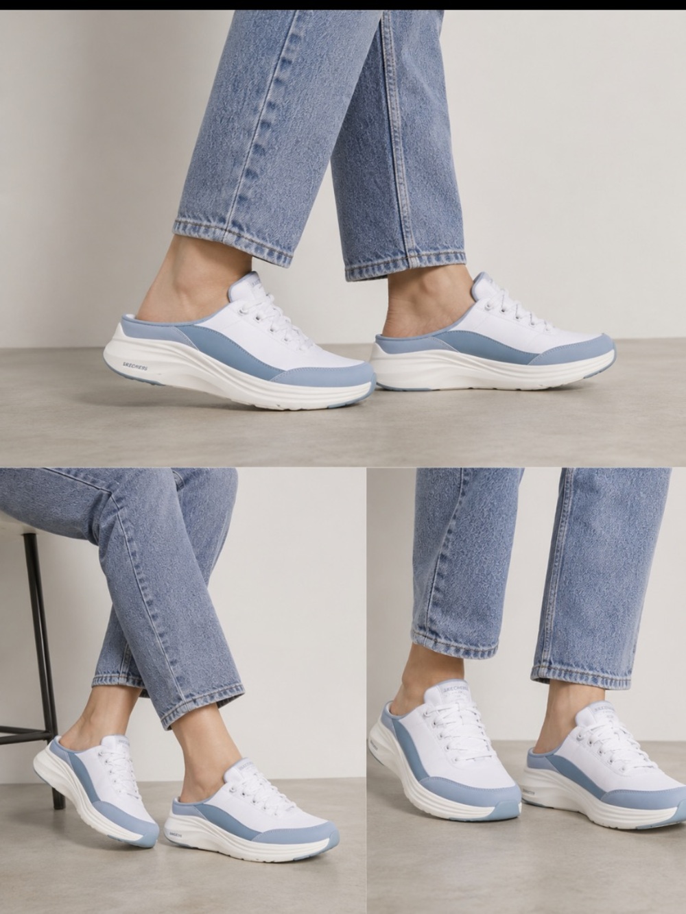 SKECHERS Step Ins Blue & White Leather  Air Cooled Memory Foam Sneakers 8 NIB